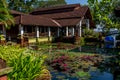 Punnamada Resort, Alappuzha, Kerala, India - 19.01.2023: Beautiful tropical hotel with plants garden. Wooden roof