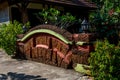 Punnamada Resort, Alappuzha, Kerala, India - 19.01.2023: Beautiful tropical hotel with plants garden. Wooden roof