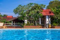 Punnamada Resort, Alappuzha, Kerala, India - 19.01.2023: Beautiful tropical hotel with swimming pool and plants garden