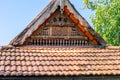 Punnamada Resort, Alappuzha, Kerala, India - 19.01.2023: Carving wood gable roof on a resort hotel in India, Alappuzha