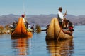Puno, Peru - July 30, 2017:Totora boat on the Titicaca lake near