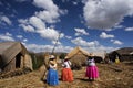 Puno Peru Lake Titicaca with Totoras Island with women from the Uros culture with their typical clothes and straw hats