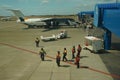 Antarctic Airways Avro RJ100 plane on tarmac after landing with gusting wind more than 75 miles per hour at Punta Arenas Airport Royalty Free Stock Photo