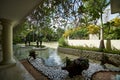 PUNTA CANA, DOMINICAN REPUBLIC - MARCH 19, 2017: Modern tropical island style landscape with pond at Paradisus Hotel in Playa Bava