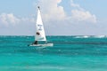 Punta Cana, Dominican Republic, November 20, 2011: Tourist on a sailing catamaran sails on the turquoise sea