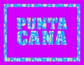 Punta Cana lettering on fuchsia backround. Vector tropical letters with colorful beach icons on light blue backround