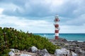 Punta Cancun LightHouse. Tropical storm in the Atlantic Ocean. Beautiful hotel zone, resort with bed wheather. Hurricane Royalty Free Stock Photo