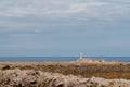 Punta Nati Lighthouse, located in North West of Minorca, in Balearic Islands, Spain, with the Mediterranean sea in the background