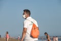 Punta Umbria, Huelva, Spain - August 2, 2020: Beach safety guard of Junta de Andalucia is controlling the social distancing and