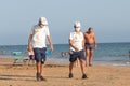 Punta Umbria, Huelva, Spain - August 7, 2020: Beach safety guard of Junta de Andalucia is controlling the social distancing and