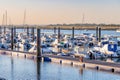 Punta Umbria, Huelva, Spain - July 10, 2020: Yacht harbor, marina pier and boats, dock yachts and vessels in Punta Umbria village