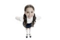 Pupil of first grade. School uniform. Back to school. Student little kid adores school. Smiling schoolgirl. Celebrate Royalty Free Stock Photo