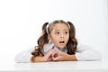 Pupil lean desk white. Perfect schoolgirl tidy fancy hair. School as stranger environment. Prepare kid first