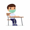 Pupil at lesson with protective mask on his face flat vector illustrations set