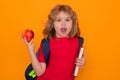 Pupil, nerd schoolboy. School boy, isolated on yellow studio background. Back to school. Funny little boy from Royalty Free Stock Photo