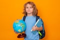 Pupil, nerd schoolboy. School boy with world globe and book. Kid boy from elementary school. Little student, smart nerd