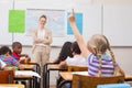 Pupil raising hand during geography lesson in classroom Royalty Free Stock Photo