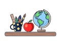 Pupil`s items on a wooden shelf. Pen, pencil, brush and ruler in a cup, apple and globe