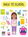 Pupil at school, back to school, school things as pens, pencils, copybooks, glasses, schoolbag and others. Royalty Free Stock Photo