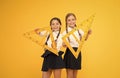 Pupil school girls big rulers. School knowledge. Explore world with math. Mathematical theory combining algebraic and