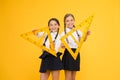 Pupil school girls big rulers. School knowledge. Explore world with math. Mathematical theory combining algebraic and