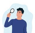 Pupil, student holds a magnifying glass in his hands, looking for an answer.Flat vector illustration