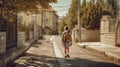 Pupil walking home or to school with backpack. Generated AI. Royalty Free Stock Photo