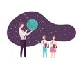 Pupils Attending Lecture in Planetarium Vector Illustration. Man Showing the Globe