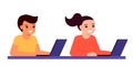 Pupils boy and girl is sitting on laptop and studying lesson. Child learns remotely. Home school, web e-learning, online education Royalty Free Stock Photo