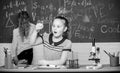 Pupils at chalkboard chemistry lesson. Laboratory practice. Chemistry classes. Fascinating science. Educational Royalty Free Stock Photo