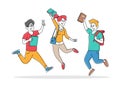 Pupils Characters with Backpacks Rejoice with Hands Up Jumping in Row. Group of Students Come to School to Get Education Royalty Free Stock Photo