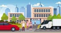 Pupils crossing road on crosswalk school building exterior back to school concept cityscape background flat full length