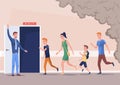 Pupils evacuation from school building flat color vector illustration. Students and staff emergency leaving. Kids