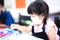 Pupils girl wearing mask are concentrating on drawing and painting with brush and watercolor on the canvas.