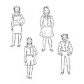 Pupils Kids With Backpack Staying Together Black Line Pencil Drawing Royalty Free Stock Photo