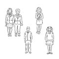 Pupils Kids With Backpack Staying Together Black Line Pencil Drawing Royalty Free Stock Photo