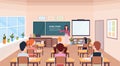 Pupils looking at woman teacher writing home work chalk board modern school classroom interior horizontal flat Royalty Free Stock Photo