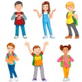 Pupils with school backpacks. Set of kids with school supplies. School kids with books. Education cartoon vector Royalty Free Stock Photo