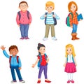 Pupils with school backpacks. Set of kids with school supplies. School kids with books. Education cartoon vector Royalty Free Stock Photo