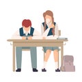 Pupils Sitting At School Desk and Chewing Gum During Lesson Vector Illustration