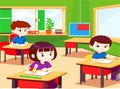 Pupils study in the classroom. School interior. Education illustration. Pupils raising hands. Back to school. Primary