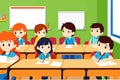 Pupils study in the classroom. School interior. Education illustration. Pupils raising hands. Back to school. Primary