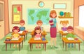 Pupils and teacher in classroom. School pedagogue teach lesson to pupil kids. Schools lessons at class cartoon vector Royalty Free Stock Photo