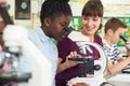 Group Of Pupils With Teacher Using Microscopes In Science Class Royalty Free Stock Photo