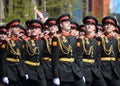 The pupils of the Tver Suvorov military school on dress rehearsal of parade on red square in honor of Victory Day.