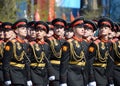 The pupils of the Tver Suvorov military school on dress rehearsal of parade on red square in honor of Victory Day.