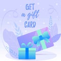 Puple and blue Web banner with gift card decorated ribbons and leafs.