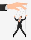 Puppet businessman in an empty place leaded by a huge hand. Command, Control, Human, Manipulate, Manipulation flat icon.