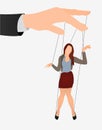 Puppet businesswoman in an empty place leaded by a huge hand. Command, Control, woman, Manipulate, Manipulation flat icon.