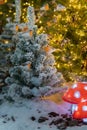 Puppet christmas tree with little birds in a fairy snowy forest. Christmas installation Royalty Free Stock Photo